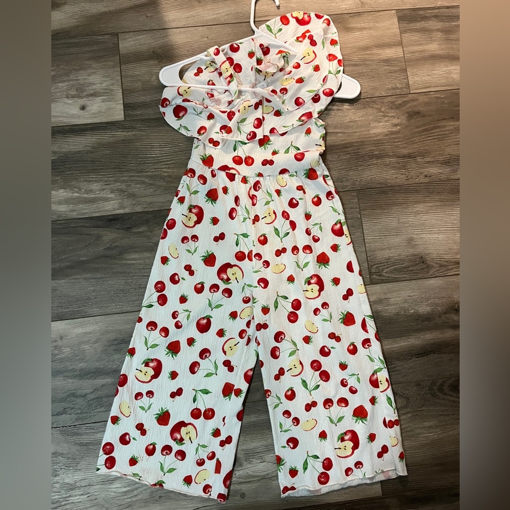 Zara Kids White Cherry and Apple Print Jumpsuit